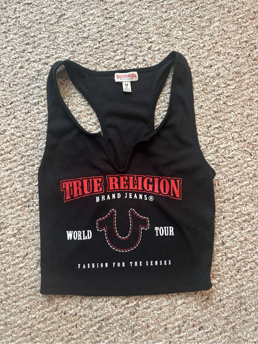 True Religion Black Ribbed Crop Tank with Red Logo